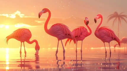 Flamingos Silhouetted in a Serene Tropical Sunset Reflection
