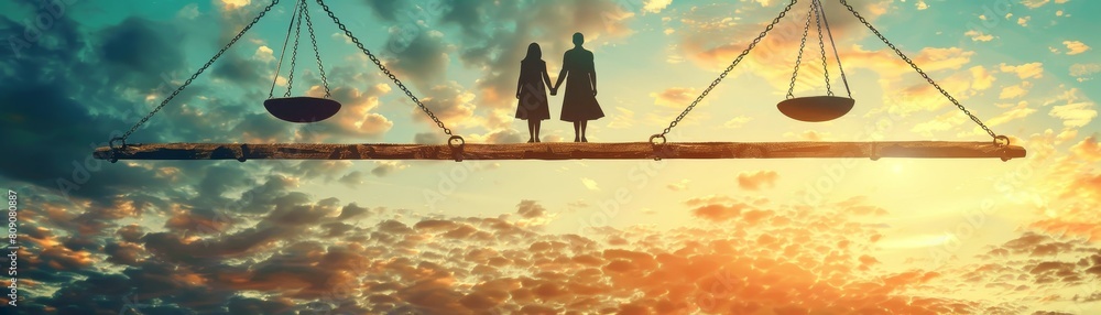 Poster a couple standing on a bridge with a scale above them