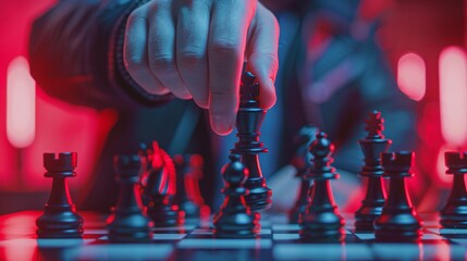 A close-up of a hand moving a chess piece across a board, with some pieces highlighted in red to represent potential threats