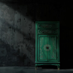 Dark room with a jade green vintage cabinet set against a matte black wall