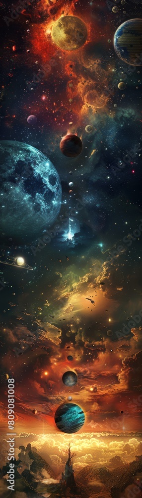 Poster a colorful space scene with a long line of planets and a large moon