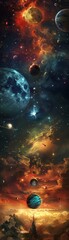A colorful space scene with a long line of planets and a large moon