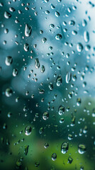 Raindrops on glass surface. Background is blue and green colors, and raindrops range in size and opacity.
