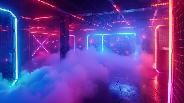 Indoor laser tag arena in the midst of pink and blue light