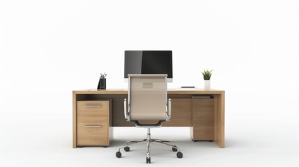modern desk with a computer and office chair in a front view, isolated on a white background