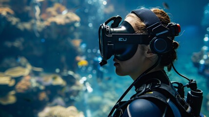 A woman in a scuba suit closely examines various fish in a tank.