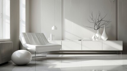 Modern interior design and white furniture, with a sleek sofa juxtaposed against a stylish sideboard on the floor. Contemporary Living Room Design with White Furniture.