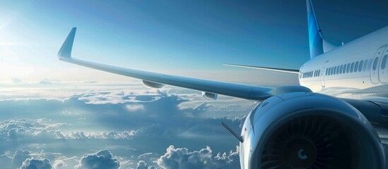 Fototapeta premium Aircraft Engine and Wing Over Cloudy Sky. Generative ai
