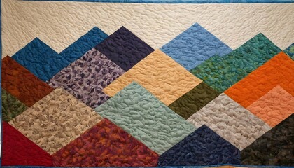 A mountain range depicted in a patchwork quilt of upscaled 3