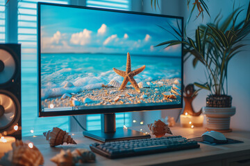 Desktop computer with beach-themed wallpaper surrounded by starfish, plant, and cactus on wooden desk - Powered by Adobe