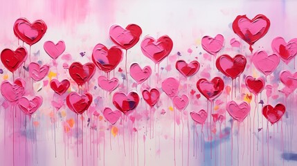 A vibrant abstract painting with a cluster of heart-shaped balloons in pink and red tones