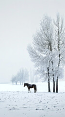 Lone Horse in Serene Snowy Winter Landscape  