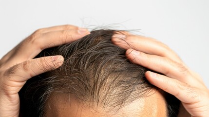 Fototapeta premium Hair Examination: Close-Up of Hands Checking Male Pattern Baldness. Generative ai