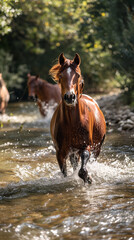 Playful Horses Splashing in Summer River  