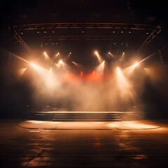 Empty concert stage with illuminated spotlights. Generative AI.