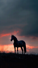 Dramatic Silhouette of Horse on Hill at Evening  