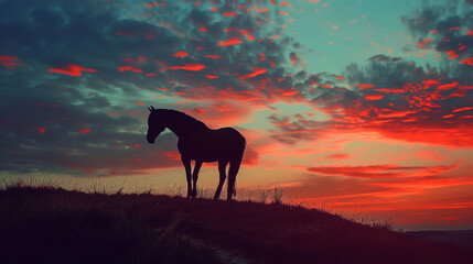 Dramatic Silhouette of Horse on Hill at Evening   - Powered by Adobe