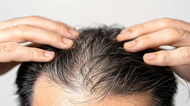 Hair Examination: Close-Up of Hands Checking Male Pattern Baldness. Generative ai