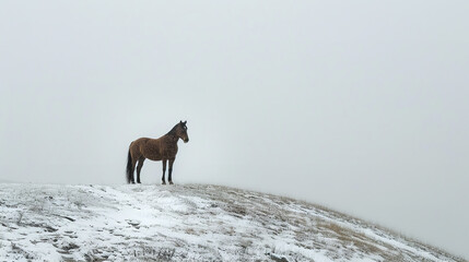 Solitary Horse on a Snowy Hill in a Peaceful Winter Setting  
