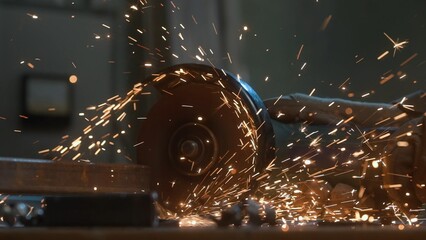 Craftsman in protective gloves working with grinder at industrial plant, man grinding iron detail,...