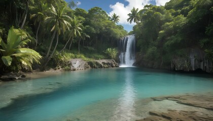 A tropical waterfall cascading into a pristine lag