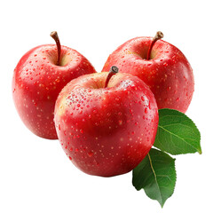 Three red, shiny apples with green leaves.