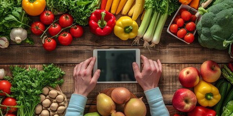 Person using tablet surrounded by vegetables