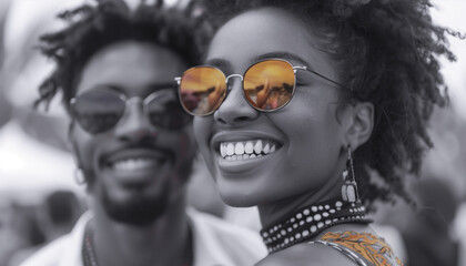 Close-up portrait of a cheerfully smiling Latino young woman in fancy glasses with perfect white teeth and a handsome man as they hug together during a Sunday walk.