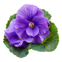 Beautiful purple pansies with green leaves isolated on transparent background.