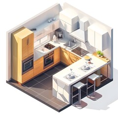 Modern Minimalist Kitchen Interior with Sleek Furniture and Appliances in Isometric 3D Render