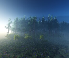 Forest in the morning in a fog in the sun, trees in a haze of light, glowing fog among the trees, 3D rendering