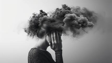 Woman with smoke emitting from head, depressed illustration