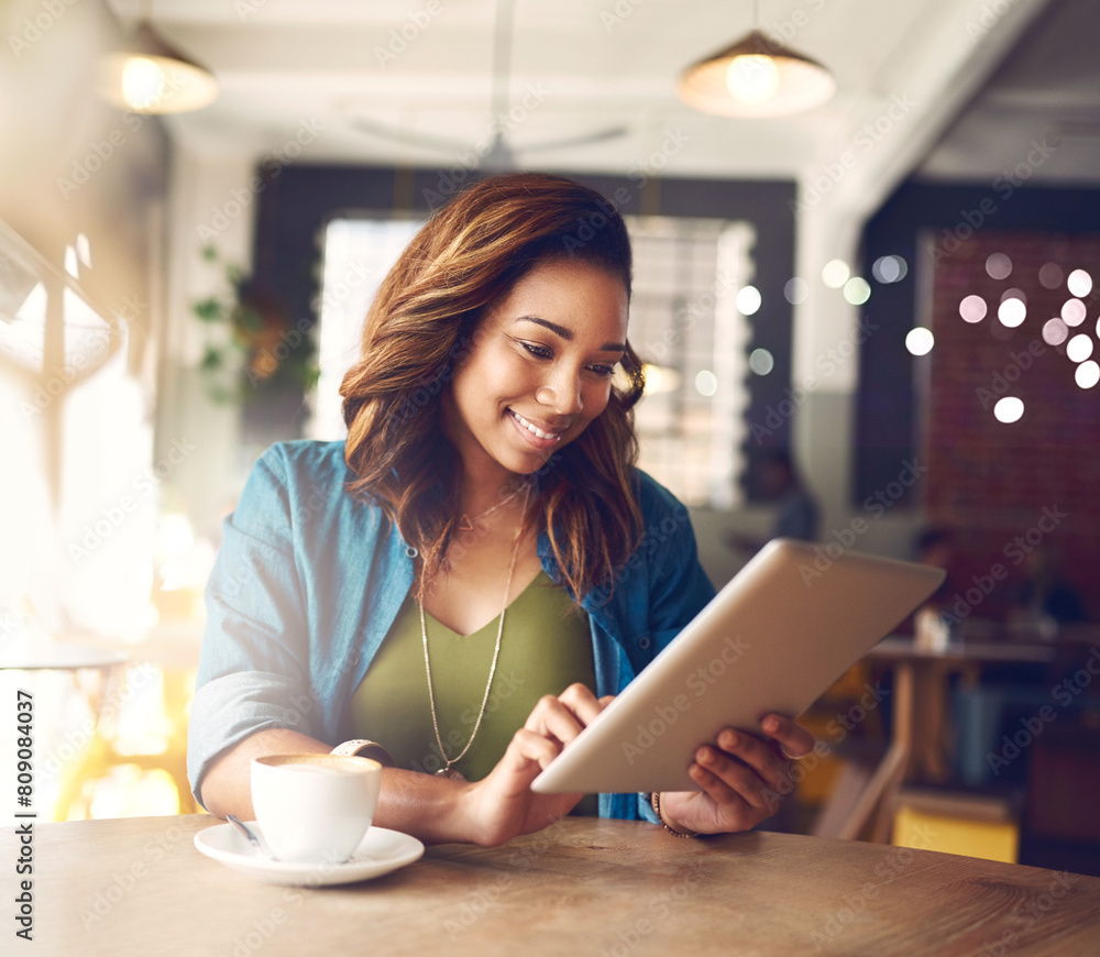 Poster coffee shop, smile and woman with tablet, typing and connection with internet, digital app and netwo