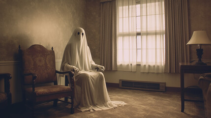 Ghostly figure scary ghost wearing white cloth with two eye holes, in haunted hotel room, vintage