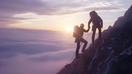 Two silhouetted figures assisting each other while climbing a mountain. Concept Mountain Climbing, Teamwork, Silhouette, Adventure, Challenge