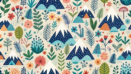 Seamless pattern with mountains and flowers. Scandinavian style.