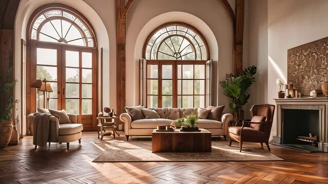 Video animation of elegant and spacious living room with a classic design. Large arched windows allow ample natural light to fill the space