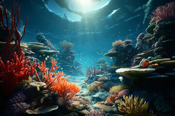 Fototapeta na wymiar Underwater coral reef with many types of fish