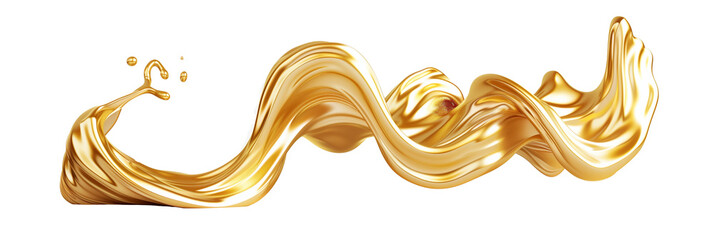 3D golden liquid coil, fluid and flowing, isolated on transparent background