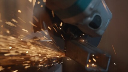 Craftsman working with grinder at industrial plant, man grinding iron detail, sparks flying around and falling on the ground in dark workshop. Close up shot.