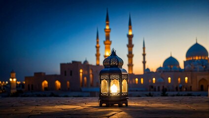 Islamic lantern with a blurred mosque background for Eid Al Fitr and Eid Al Adha