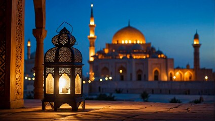 Islamic lantern with a blurred mosque background for Eid Al Fitr and Eid Al Adha