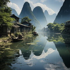 Tranquil landscape, traditional wooden houses along a calm river, with majestic mountains and a clear sky in the background