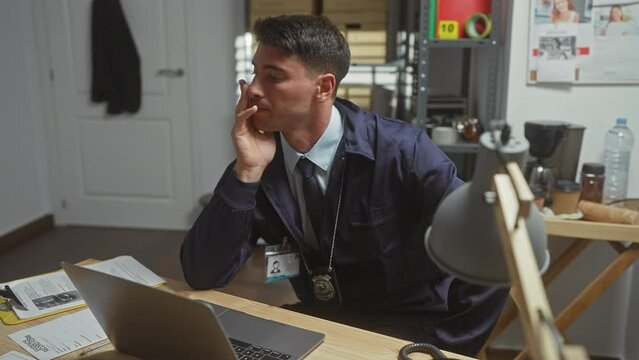 Tired hispanic detective in office, stressed man with laptop and badge at police department, contemplating case details.