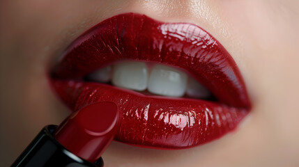 Fototapeta premium portrait of charming girl holding bright lipstick