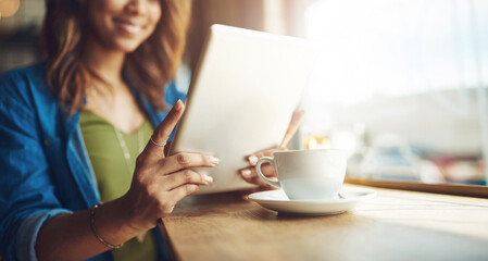 Woman, tablet and research with coffee shop, technology and online article for news. Journalist,...