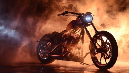 Motorcycle skeleton silhouette in dimly lit room against dark smoky background. Concept Halloween Photoshoot, Spooky Silhouette, Dim Lighting, Darkroom Setting, Smokey Background