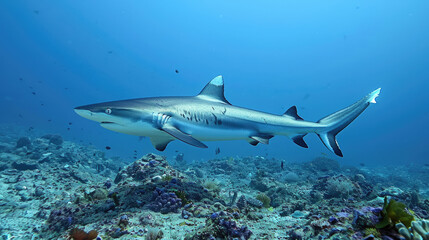 A shark is swimming in the coral reef.