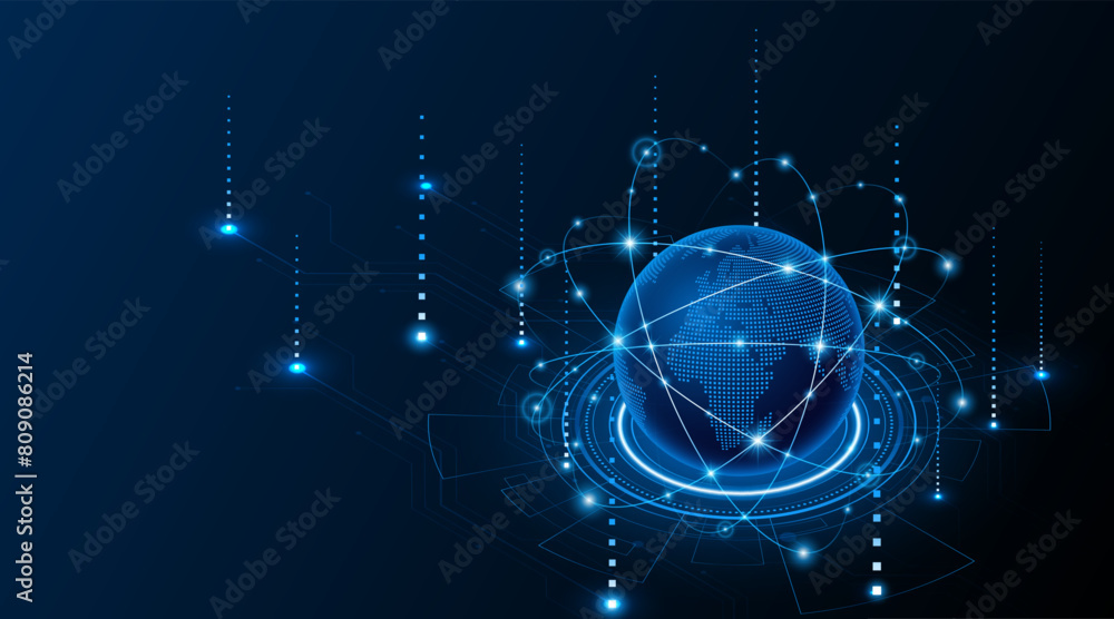 Poster Global connection network background. World map. High-speed internet technology concept or fast wireless data transmission. modern internet network connection technology background	