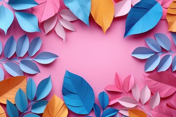 Pink background with colorful paper leaves of blue, orange and pink.